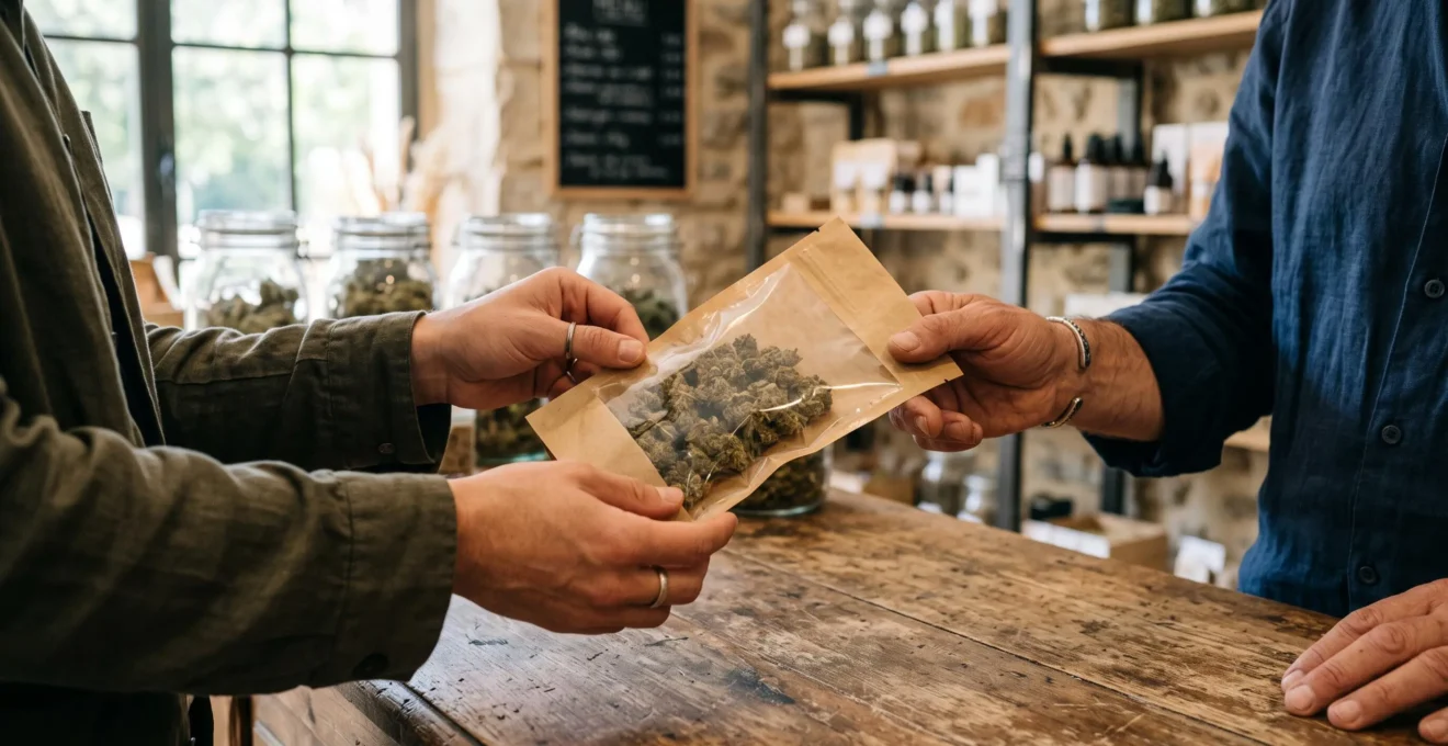 Un client examine un sachet de fleurs de CBD au comptoir d'une boutique.