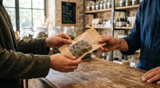 Un client examine un sachet de fleurs de CBD au comptoir d'une boutique.